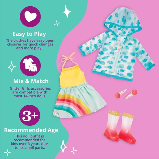 Poppen Regen Outfit - Regenkleding Set - Poppen Aankleden - Regenboog Print - 356 cm poppen - Multicolor — afbeelding 5