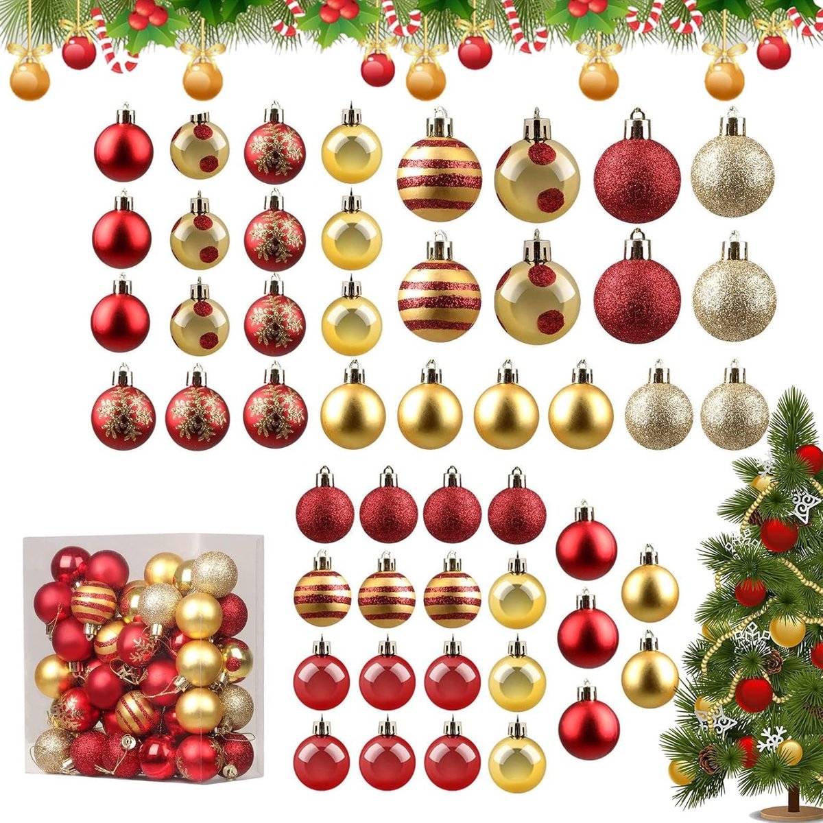 Set van 50 Kerstballen - Rood - Goud - Kerstversieringen met Hanghaakjes voor de Kerstboom