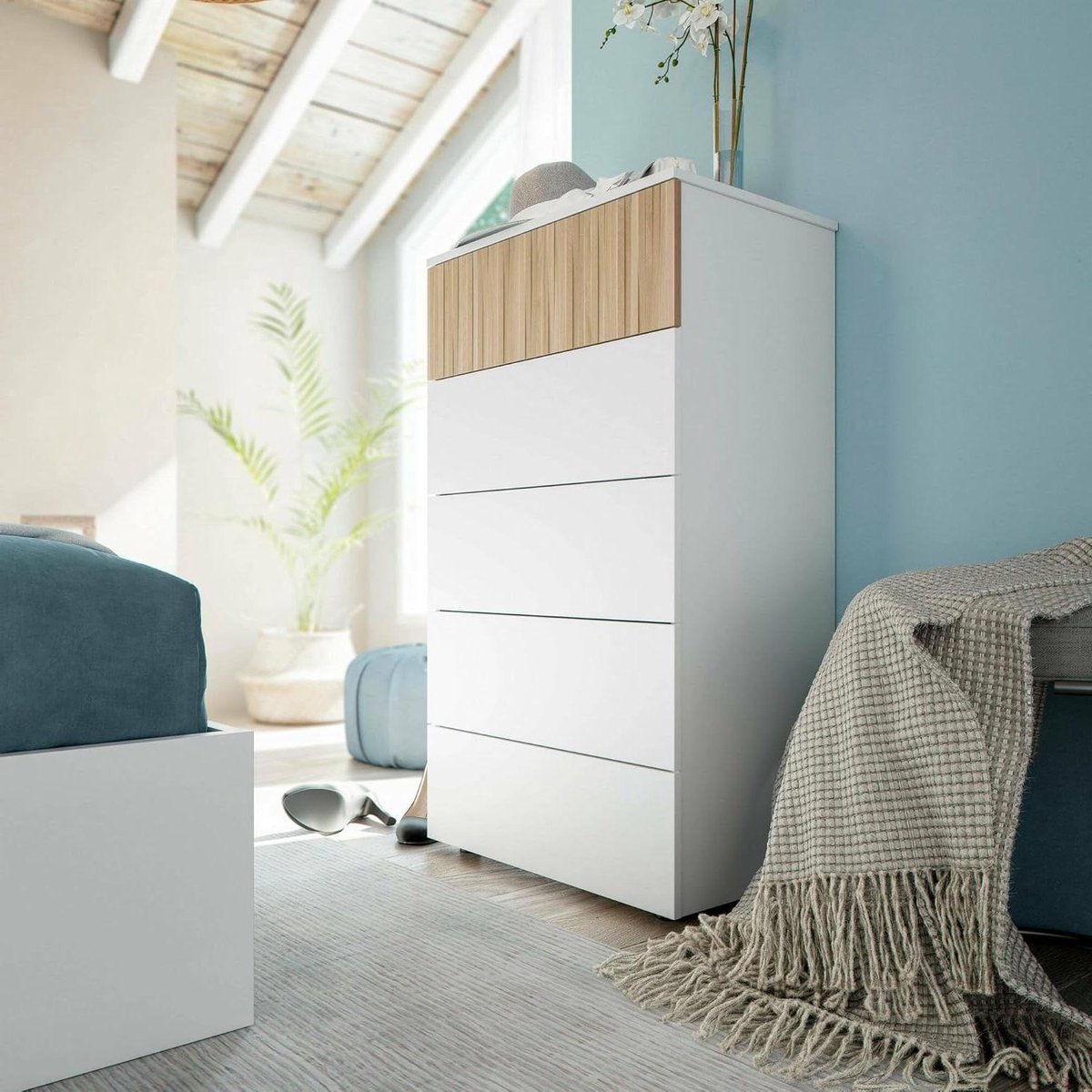 Commode met 5 laden - Ladekast Dressoir - Kleding Opbergen - Handgreeploos Design - 109 cm hoog - Matwit Natuurlijk