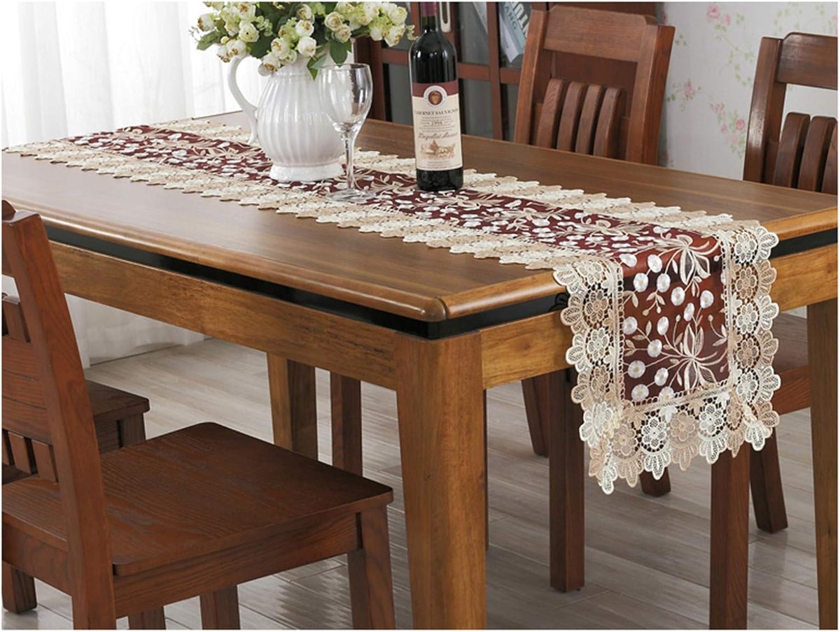 Tafelloper - Dressoir Sjaal - Eettafel Decoratie - Bloemen Borduurwerk - 40 x 198 cm - Beige