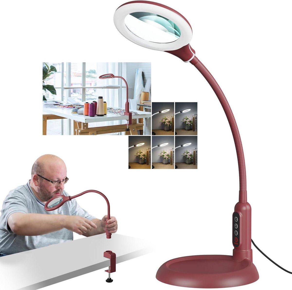Vergrootglas met Licht - Vergrootlamp Bureaulamp - Nauwkeurig Werken - Flexibele Zwanenhals - 10x Vergrotingssterkte - Rood