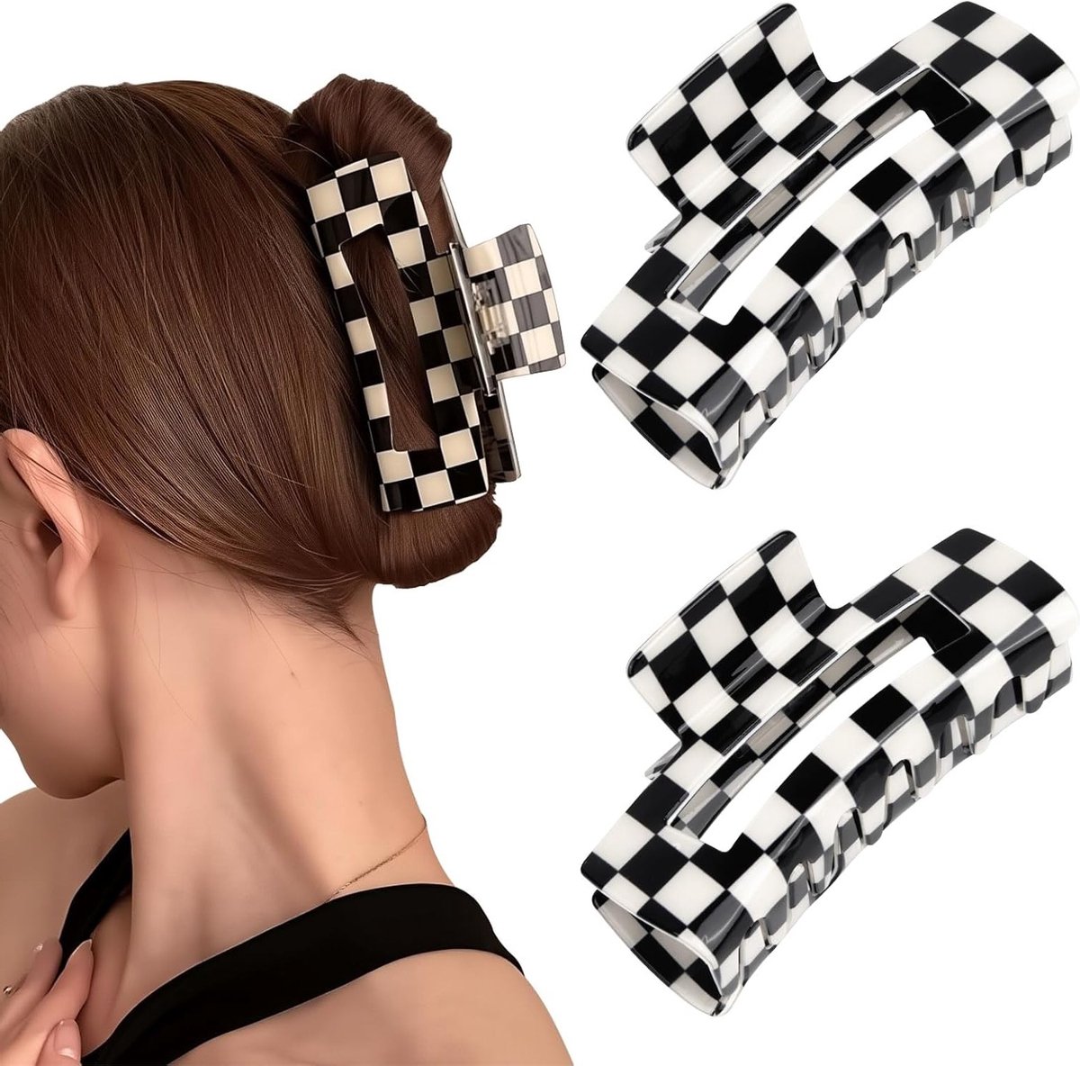 Haarspeld met Ruitpatroon, 2 Stuks, Zwarte en Witte Klemmen voor Dikker en Dunner Haar, Mode Haaraccessoires en Kapsel Clips