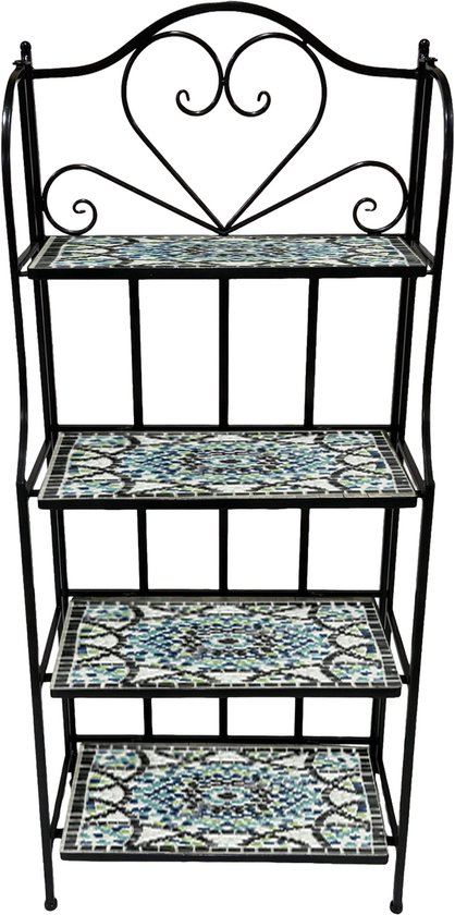 Zwart metalen plantenrek met 4 etages, elk met een mozaïekpatroon in blauw, groen en wit. Hartvormig decor bovenaan.
