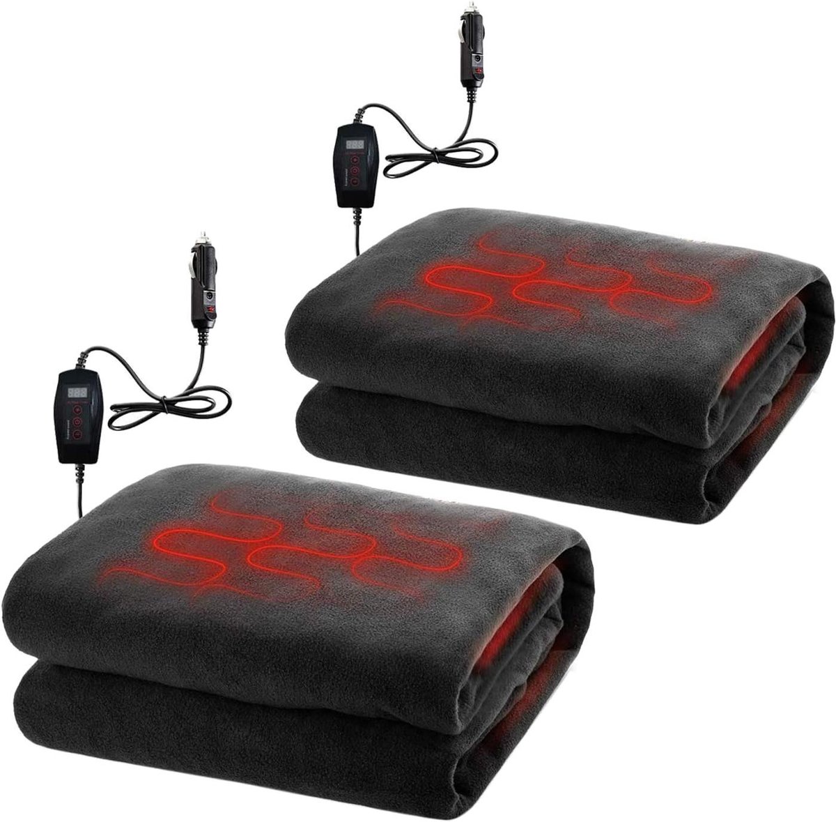 Verwarmde Fleece Deken - Auto Deken - Reizen en Kamperen - 12V Aansluiting - 2 Stuks - Zwart