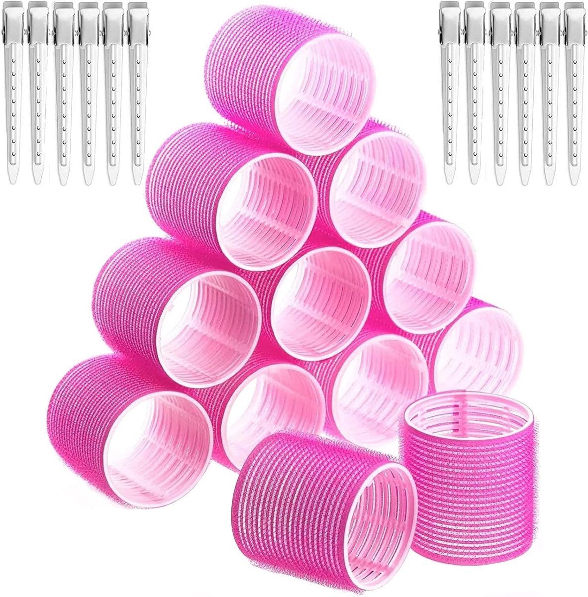 Set van 24 Haarrollers voor Grote Krullen - Geen Hitte, Zelfklevende Haarrollers met 12 Donsclips voor Lang en Kort Haar, Perfect voor Volumineuze Styling