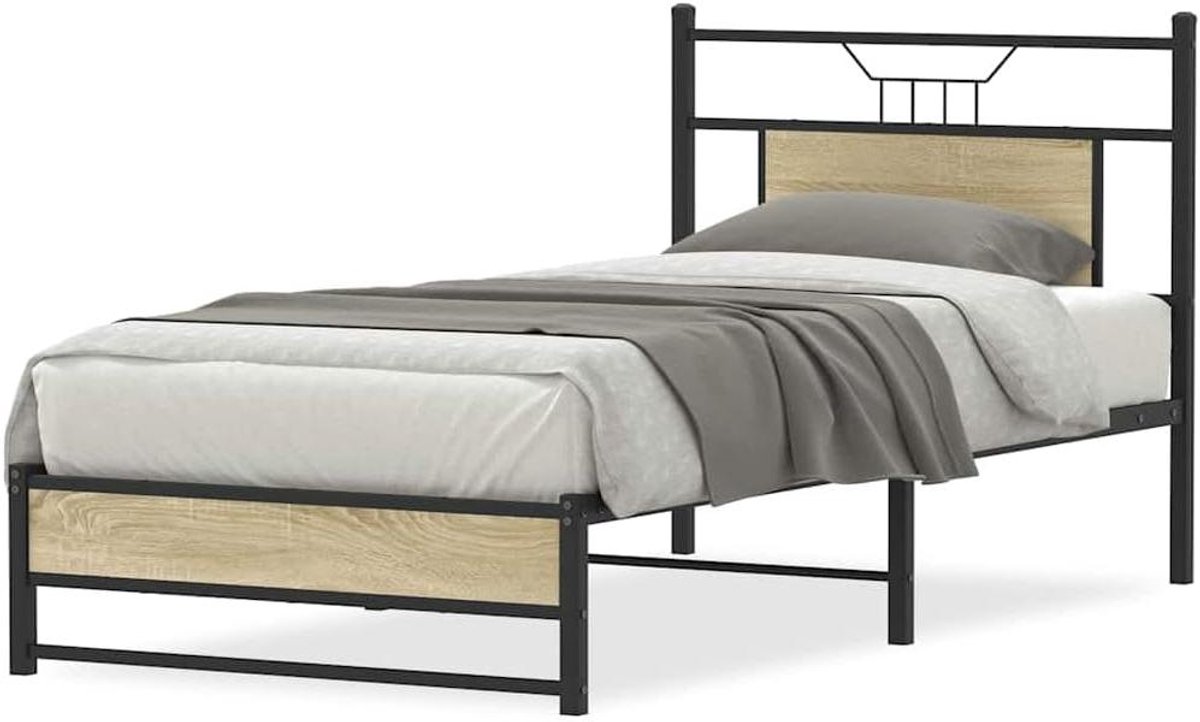 Bedframe - Ledikant Eenpersoons - Goede Nachtrust - Met Stevig Hoofdbord - 80x200 cm - Sonoma Eiken