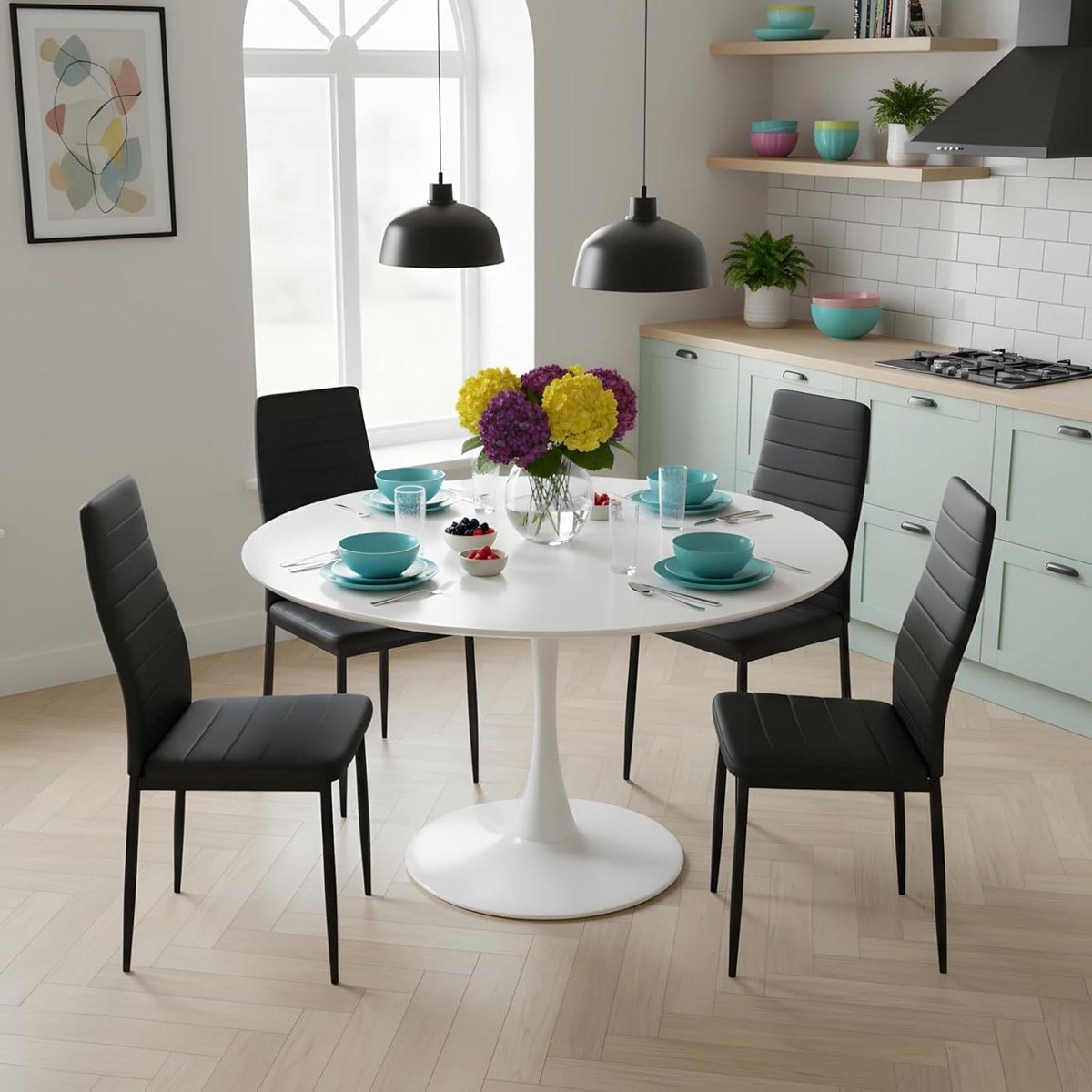 Eettafel Set - Tafel met stoelen - Gezellig Tafelen - Ergonomische Stoelen - 110 cm Rond - Wit Zwart