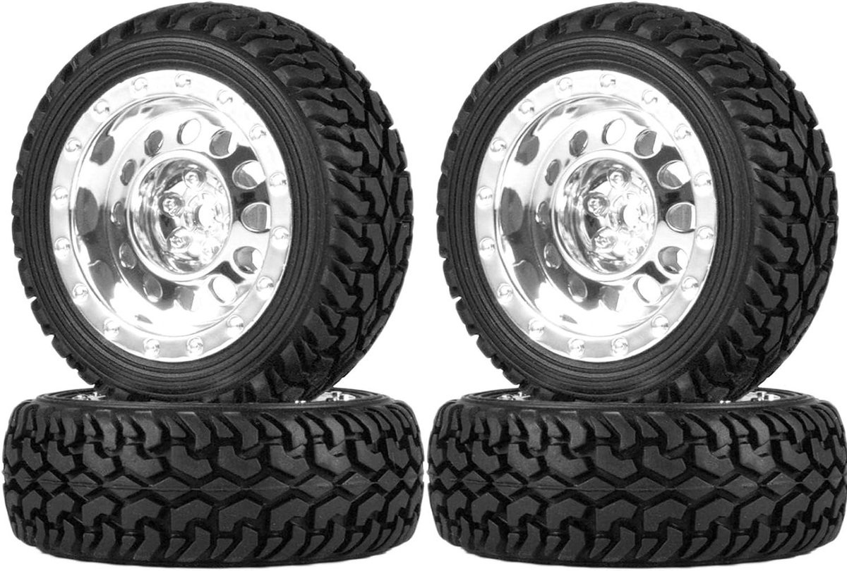 RC Autobanden Wielenset - Racebanden Set - RC Auto Onderdelen - Rubberen Banden Kunststof Velgen - 75 mm Banddiameter - Zilver