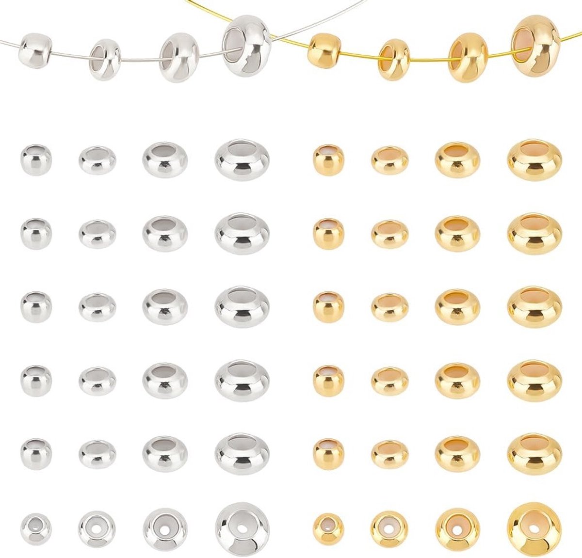 48 Stuks Stopper Kralen met Silicoon Binnenin, 4mm/5mm/6mm/7.5mm Messing Ronde Kralen in Goud voor Sieraden maken