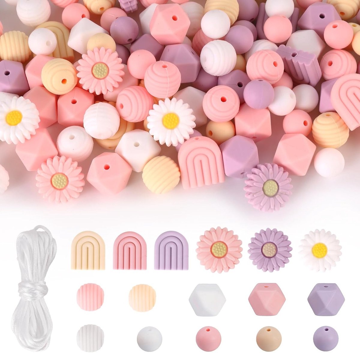 112 Stuks Bloemvormige Siliconen Kralen voor DIY Sieraden, Sleutelhangers en Armbanden met Nylon Touw