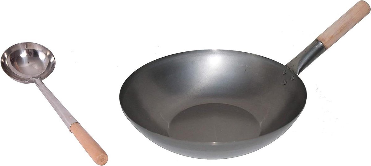 Wok Set - Wokpan met spatel - Aziatisch Koken - Platte bodem - 30 cm - Zilver