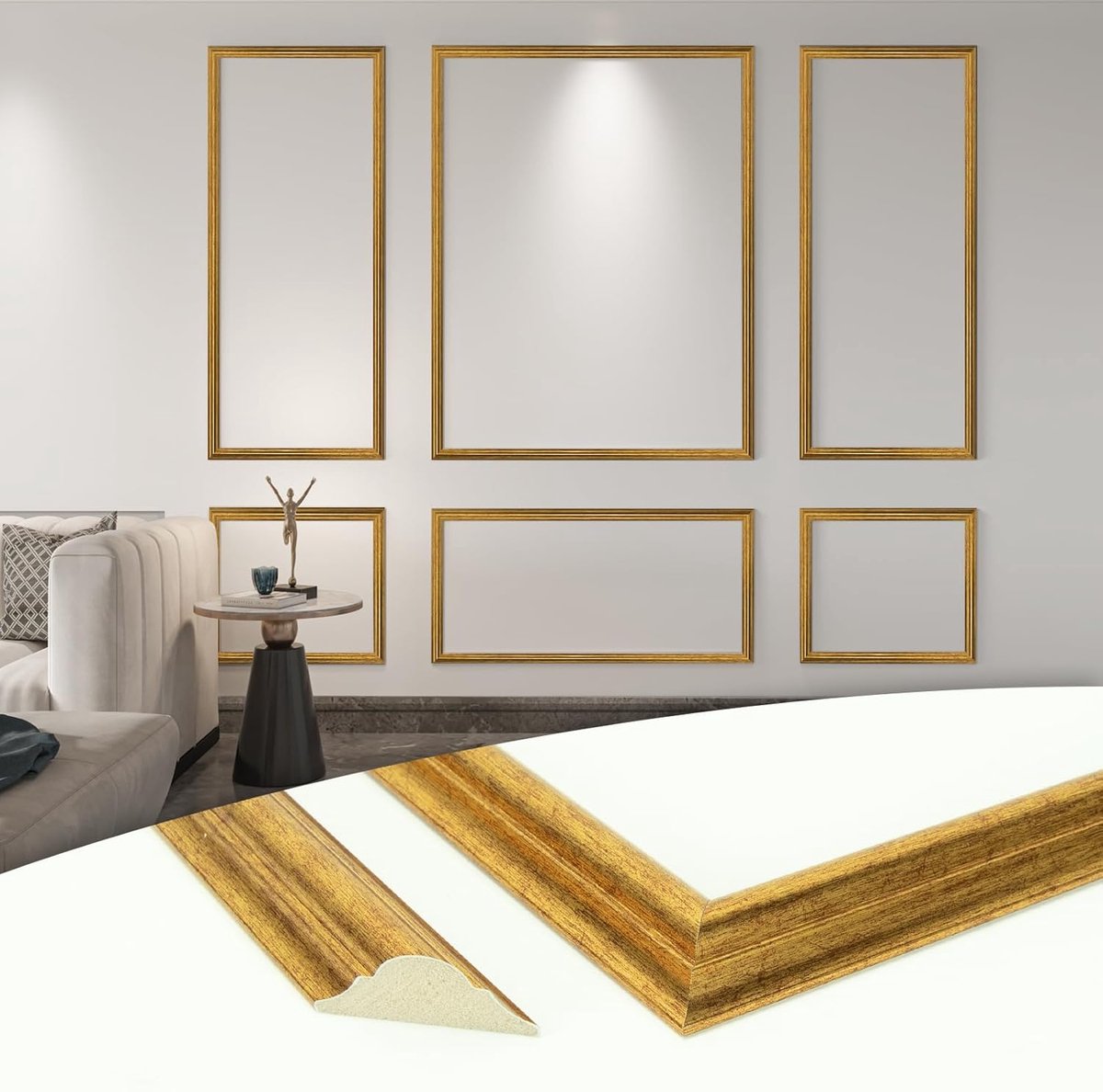 Pre-cut Wall Moulding Set of 6 - Ready-Made Paneling Panels voor Home Decor - Living Room - Bedroom - Accent Wall - Geïnstalleerd met Lijm - 3 Top en 3 Bottom - Antique Gold