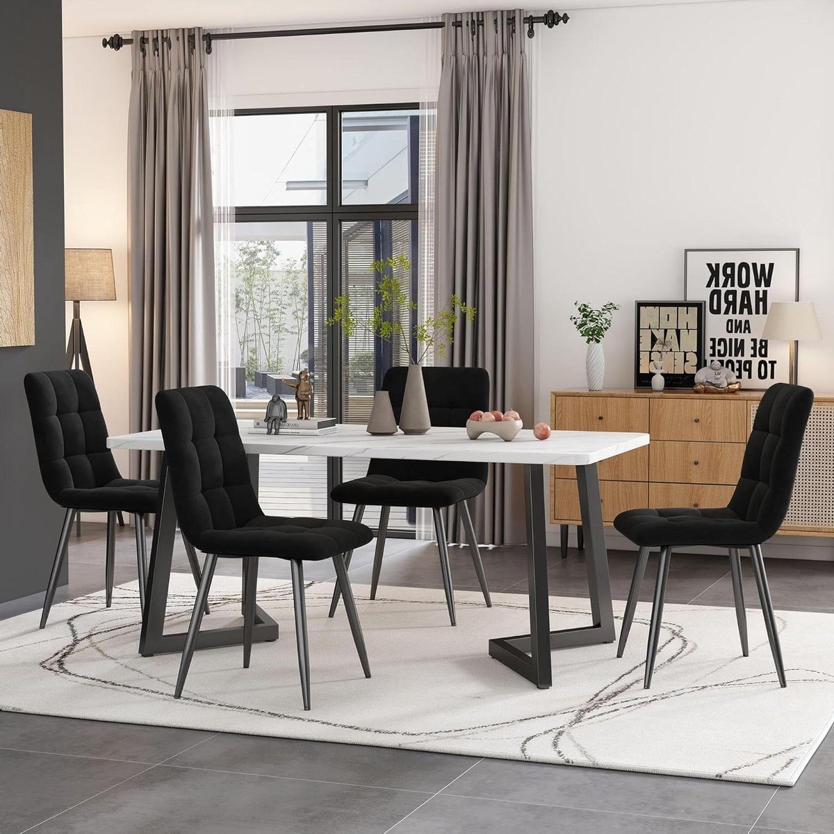 Eettafel met stoelen - Eetgroep Keukenset - Samen eten - Fluwelen comfortabele stoelen - 117 x 68 cm - Zwart