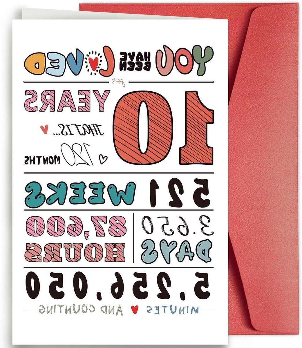 Verjaardagskaart 10 Jaar - Aandenken Kaart - Liefde Uiten - Invulbaar Aandenken - 135 x 205 cm - Rood en Wit