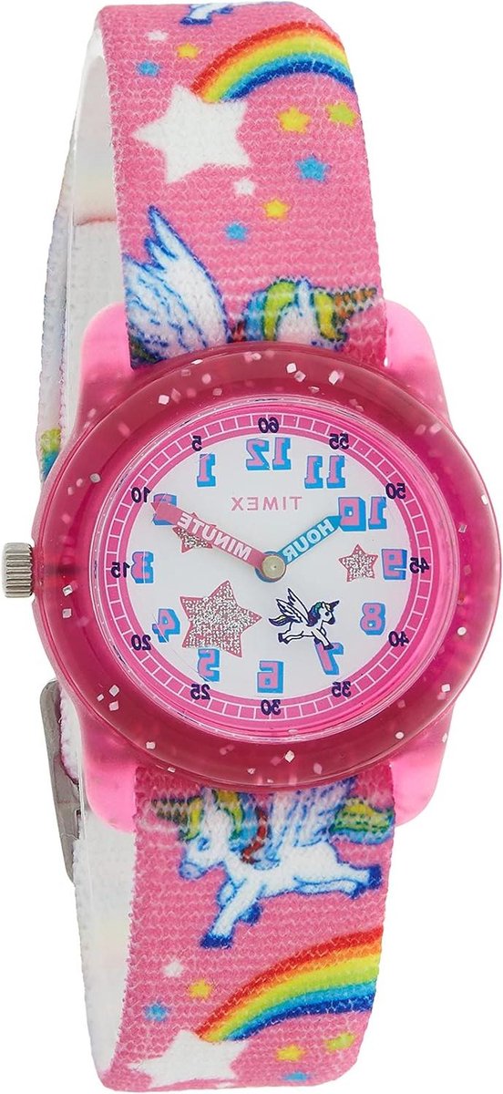 Kinderhorloge - Kinderen Polshorloge - Tijd Leren Lezen - Elastische Band - 29mm - Blauw Geel Streep