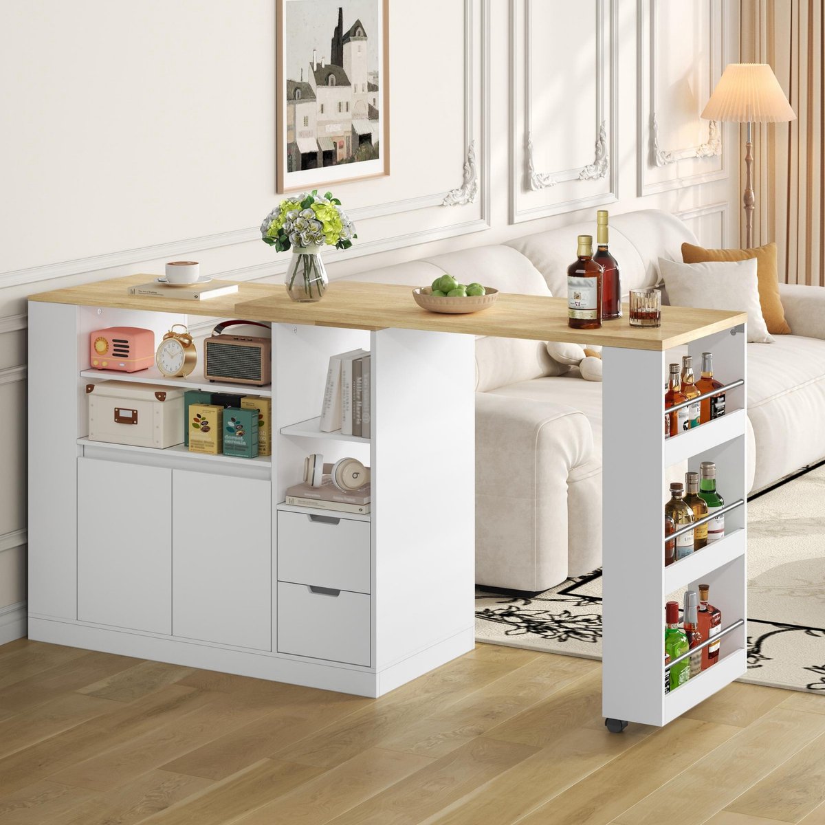 MODENUIT Keukeneiland - Uitschuifbaar Werkblad En Opbergruimte - Voor Keuken - MDF - 115x50x92 Cm - Wit Naturel