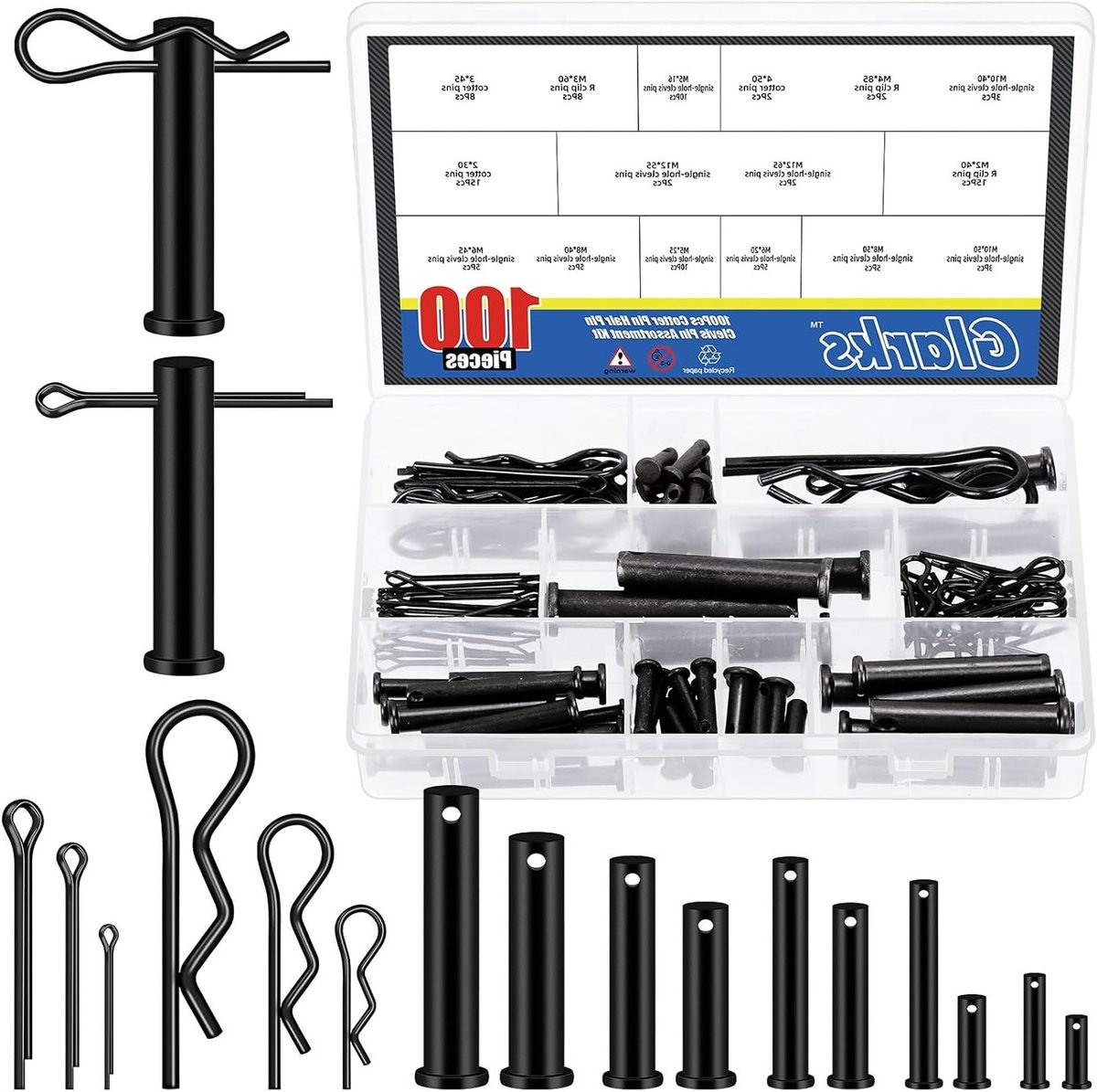 100 Stuks Clevis Pins Set met Cotter Pins en R-Clips in 16 Maten, Voor Hinge Verbindingen en Bevestigingen