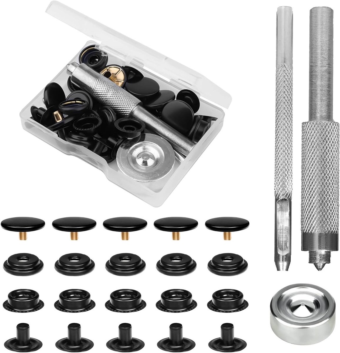 43-delige metalen drukknoopset met instelbasis - stevige holle pons knopen van 15 mm voor kleding, leren jassen, spijkerbroeken en handtassen (Zwart)