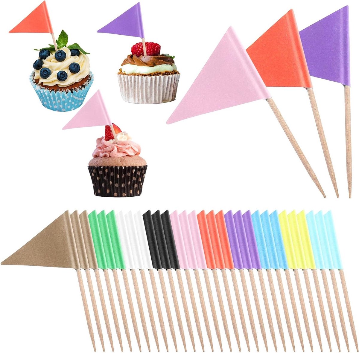 100 Stuks Lege Vlaggetjes voor Tandenstokers, Kleurrijke Cupcake Vlaggen, DIY Feestdecoratie en Hapjes Presentatie