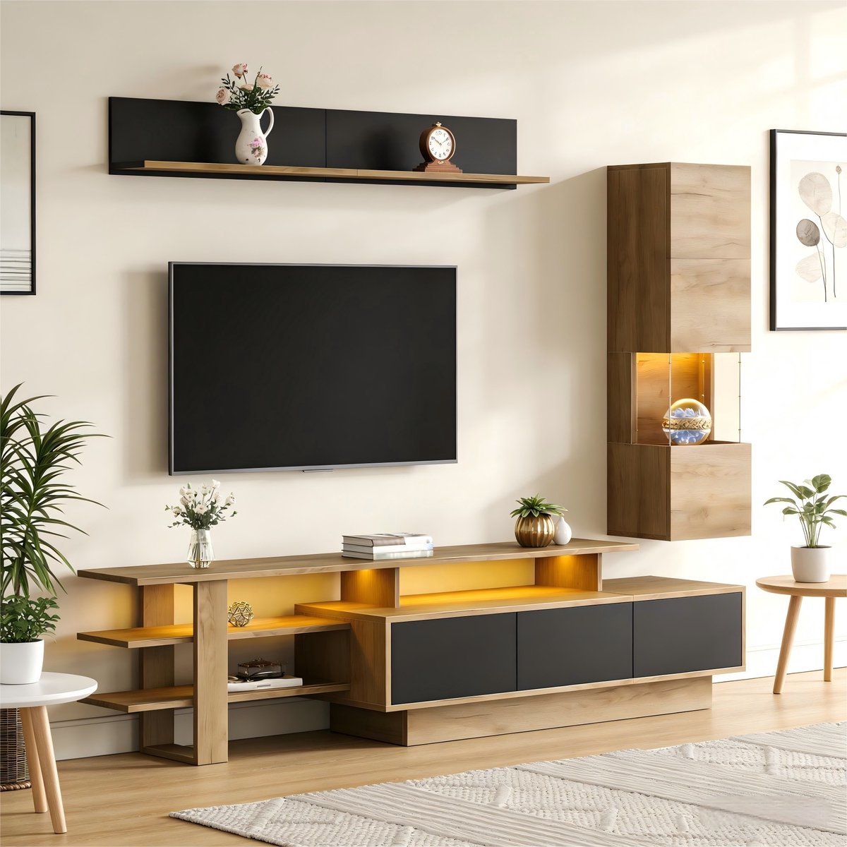 Sweiko TV-meubelset - 3-delig - Vitrinekast + Wandrek - LED-verlichting - 3 lades - Zwart + Naturel