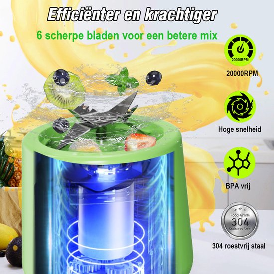 EAFC Draagbare Blender - Draadloze Blender - Draadloos - Blenders - Blender To Go - 6 Mesjes - Mini Blender - Smoothie Maker - Juicer - Keukenmachine - USB Oplaadbaar - 450 ml - groen van eafc — afbeelding 5