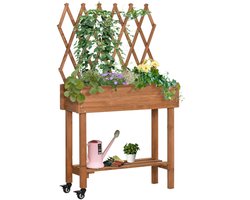 Grote Plantenbak met Klimrek - Verhoogde Bloembak met Opbergplank & Wielen - Plantenbed - Bloembed - Tuinbed - Kweekbak - Moestuinbak - voor Buiten, Terras, Tuin & Balkon - voor Groenten, Bloemen & Kruiden - 79 x 29 x 130 cm - Bruin
