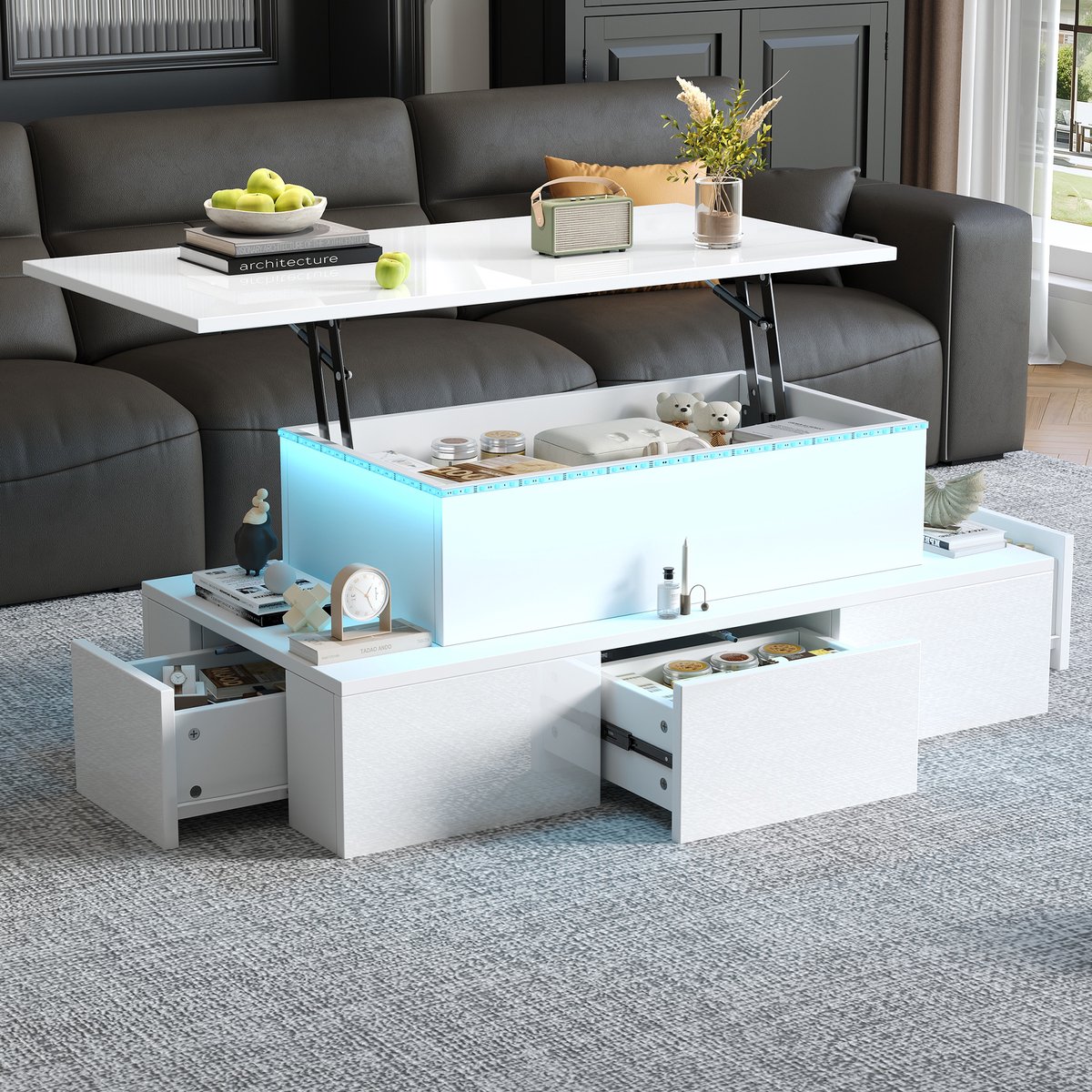 MIVRAY Salontafel - Hefbaar Blad Met Led En 4 Laden - Voor Woonkamer Met Opbergruimte - MDF Hoogglans Wit - 100x50x40 Cm