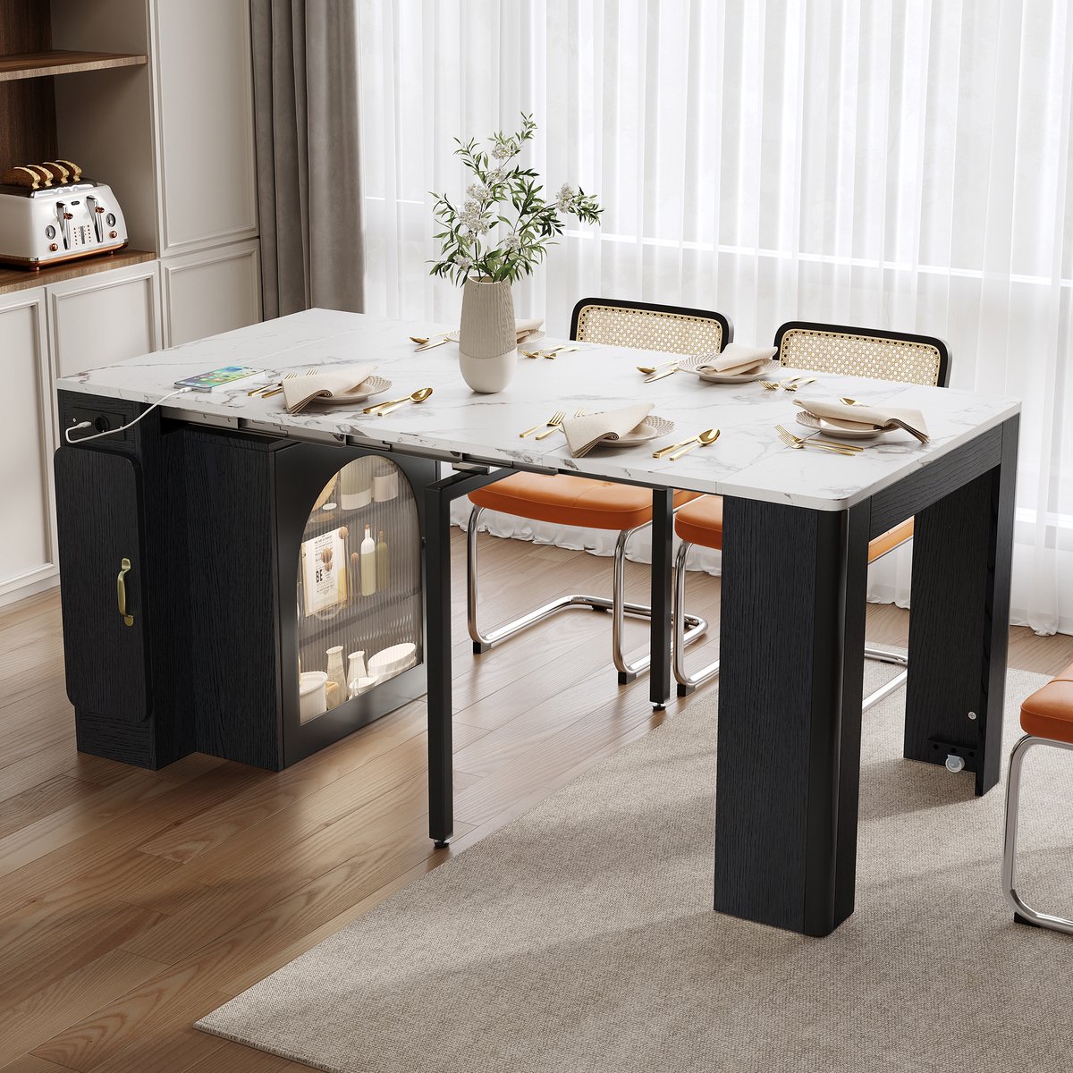 MIVRAY Keukeneiland - Uitschuifbare Eettafel Met Opbergruimte En Verlichting - Voor Keuken En Eetkamer - Wit Zwart