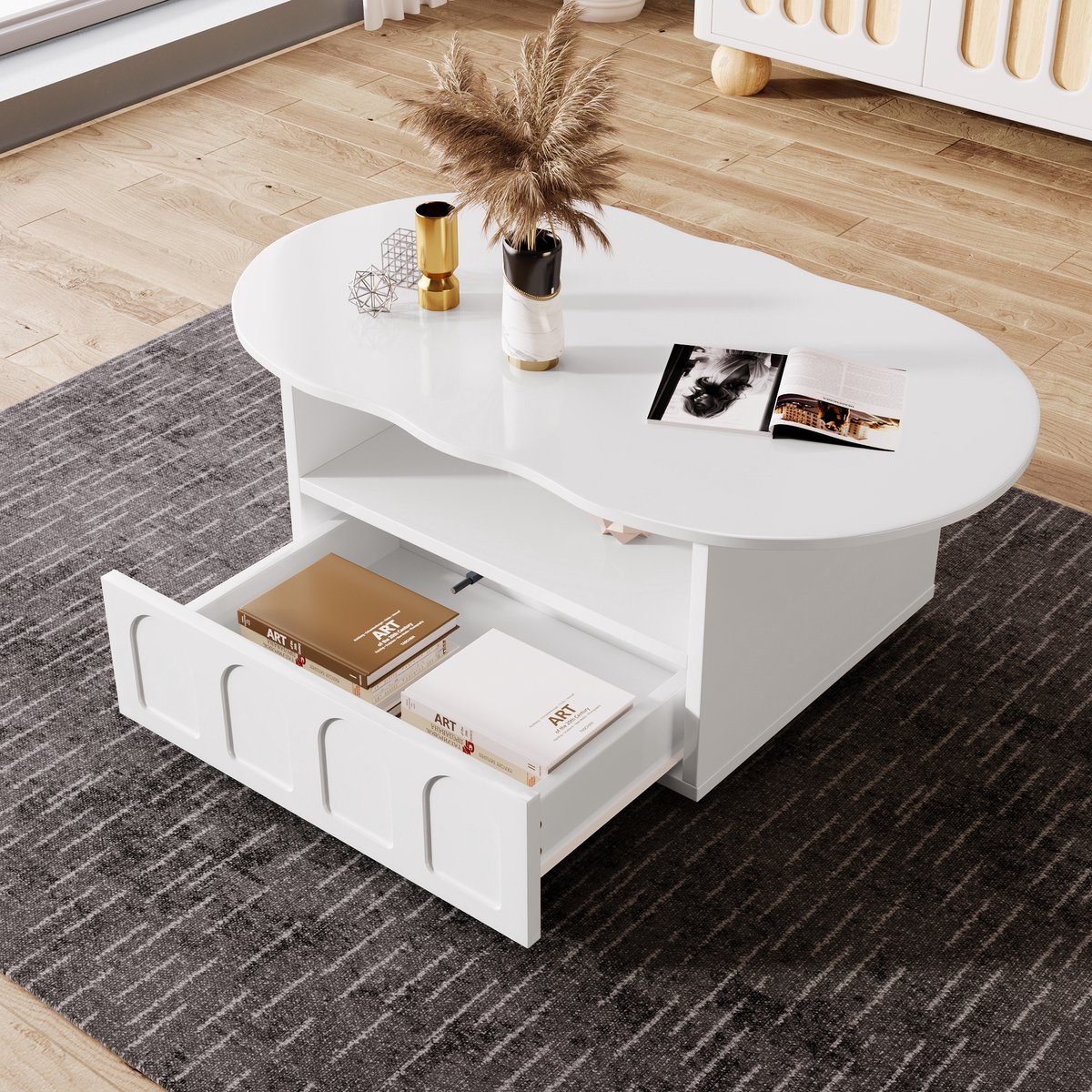 MIVRAY Salontafel - Wolkvormig Design Met Lade En Open Vak - Voor Woonkamer - Spaanplaat - 100x60x40,5 Cm - Wit