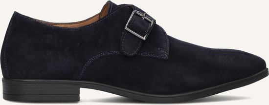Zijaanzicht van een donkerblauwe suède single monk strap schoen met zilveren gesp en STEFANO LAURAN PARIS op de binnenzool.