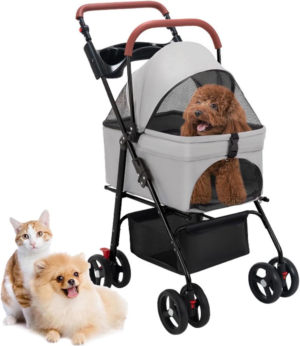 Hondenbuggy - Dierenwagen Kattenbuggy - Veilig Vervoer - 4 Zwenkwielen met Rem - 50 x 57 x 101 cm - Zwart