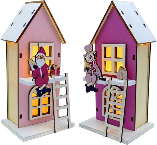 Twee houten kersthuisjes: roze met Kerstman, paars met Sneeuwman, beide met LED-verlichting.