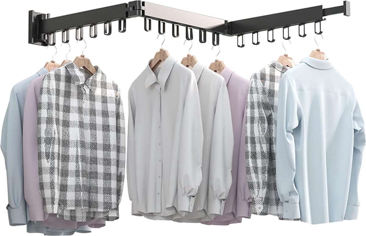 Webzon – Uitschuifbaar Wanddroogrek – Opvouwbaar Kledingrek voor Muur – 124 cm – 18 Haken – Ruimtebesparend Wasrek – Voor Balkon, Badkamer, Wasruimte en Slaapkamer – Zwart