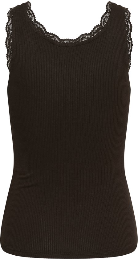 Bruine, nauwsluitende tanktop van ribbelstof met kanten rand langs de halslijn en schouderbandjes.