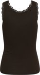 Bruine, nauwsluitende tanktop van ribbelstof met kanten rand langs de halslijn en schouderbandjes.