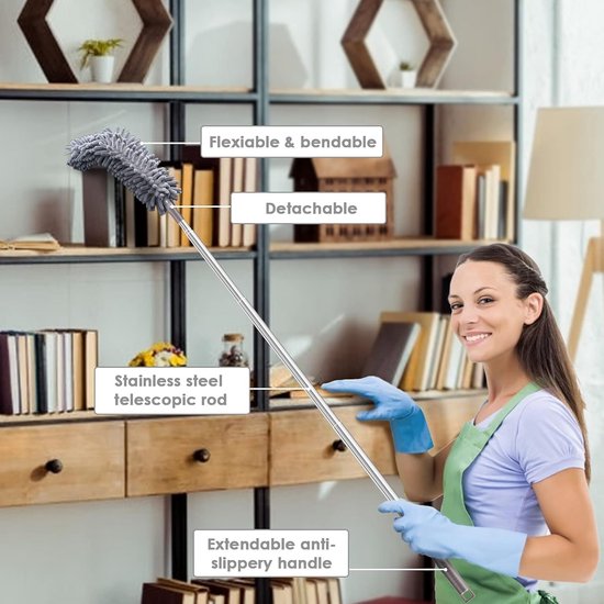 Stofwisser Plafond - Reinigingsborstel Huis - Hoge Oppervlakken Schoonmaken - Intrekbare Telescoopsteel - 5 Delig - Grijs — afbeelding 5