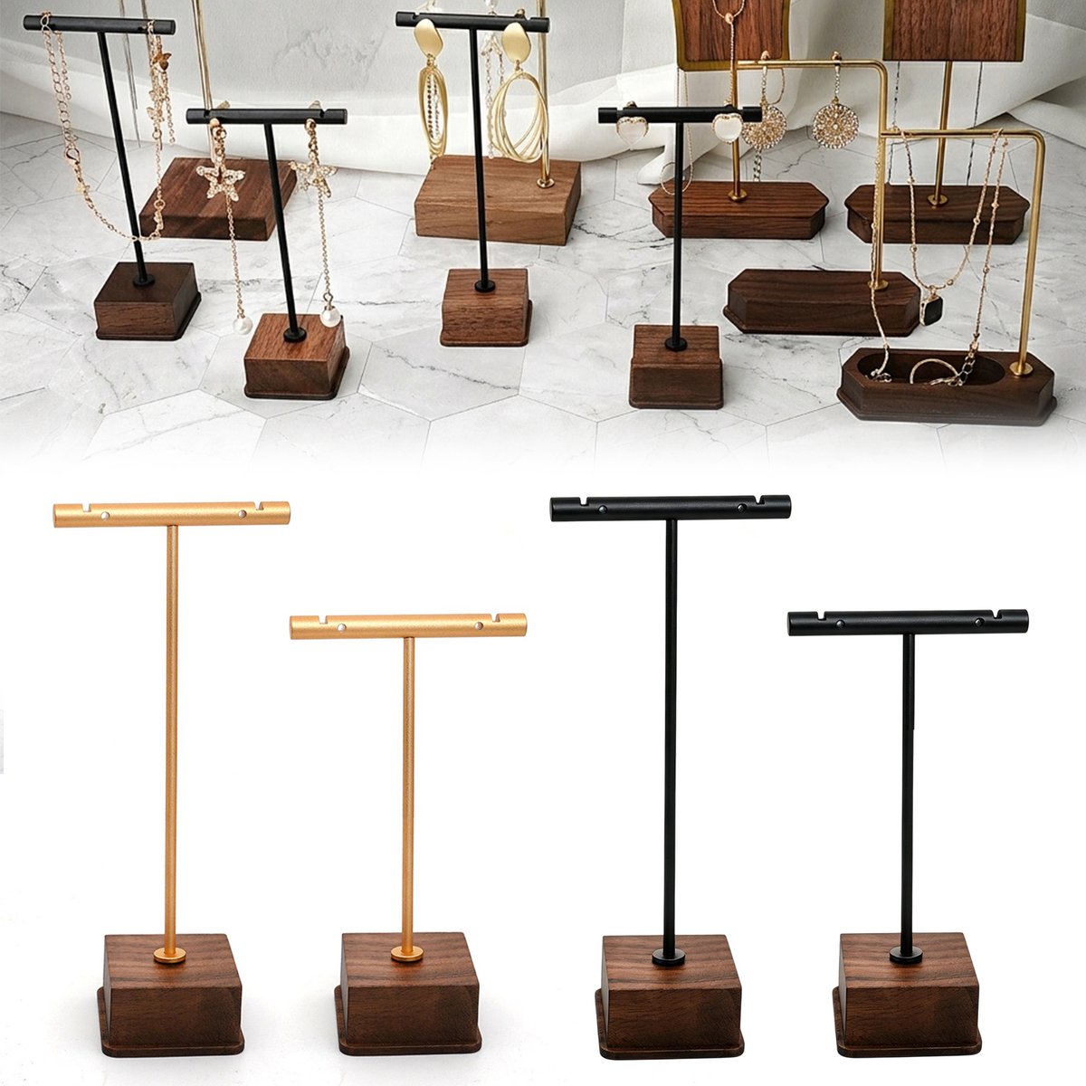 MAGICSHE 4 Stuks T-Vormige Sieradenstandaard, Sieradenhouder, Juwelenhouder - Metalen Frame Met Houten Basis Voor Kettingen, Armbanden, Oorbellen En Ringen Goud+Zwart