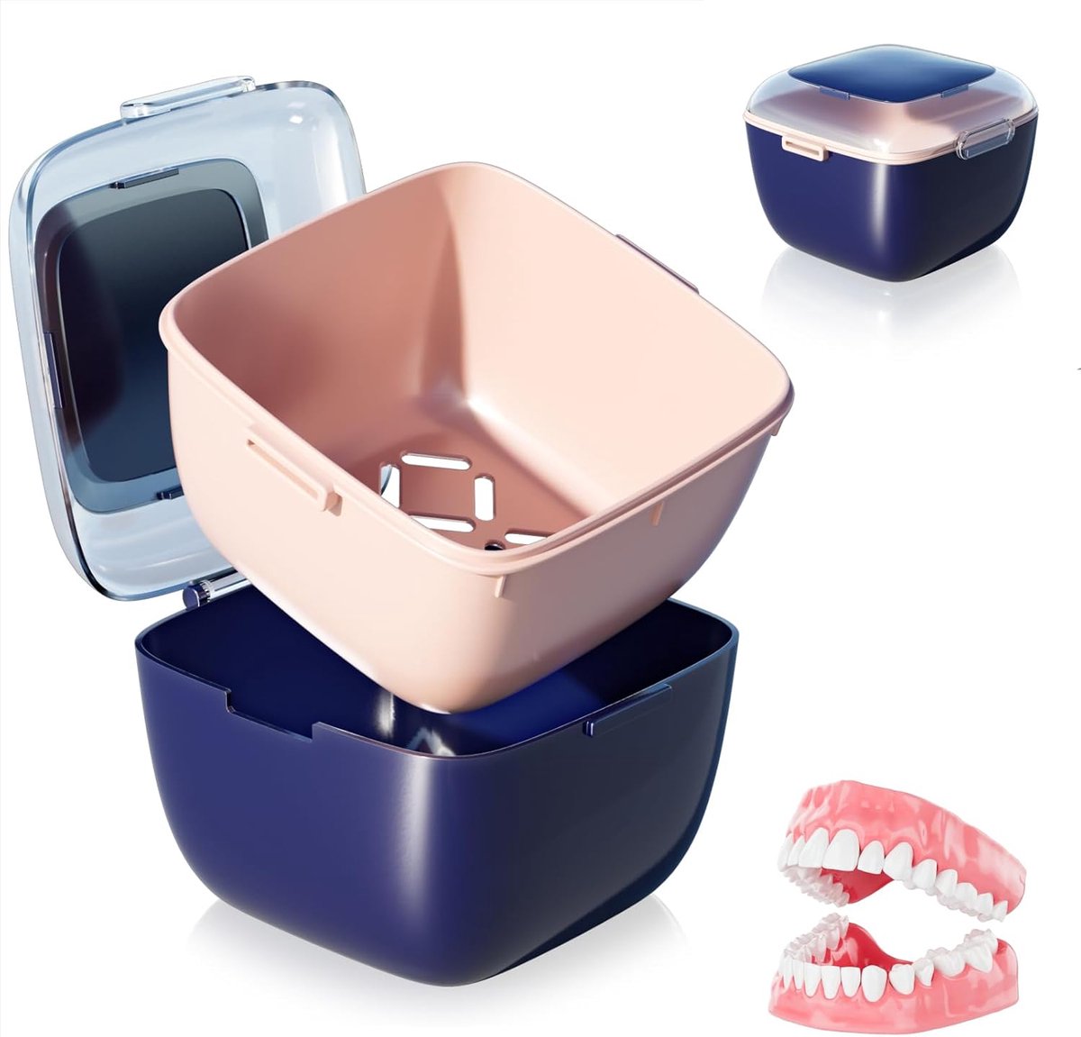 Prothesenbox met Zeef - Kunstgebit Bakje - Hygiënisch Opbergen - Lekvrij Dubbellaags Design - 9 x 9 x 7 cm