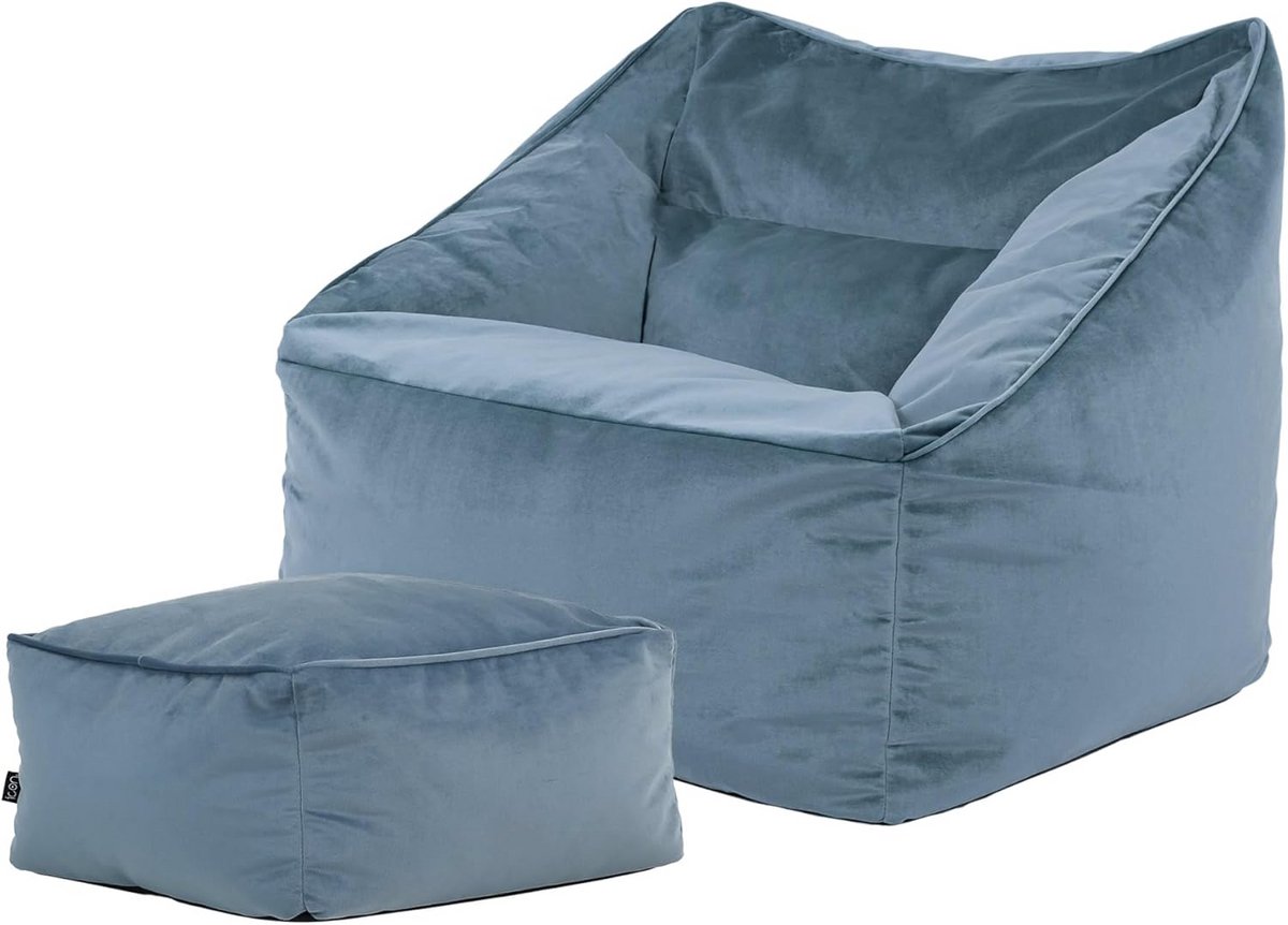 Zitzak Fauteuil - Zitkussen met hocker - Ontspannen Zitten - Luxe fluweel stof - 100x88cm - Lichtblauw