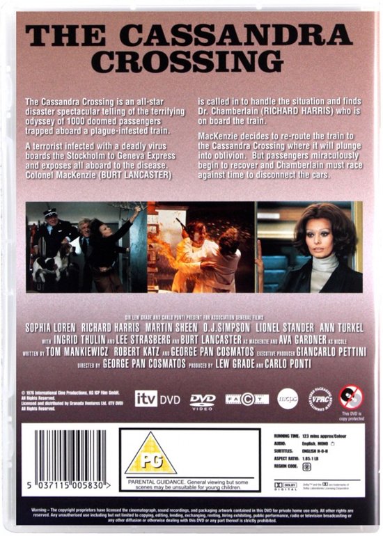 Achterkant hoes The Cassandra Crossing dvd, met speelinfo, foto's en tekst.