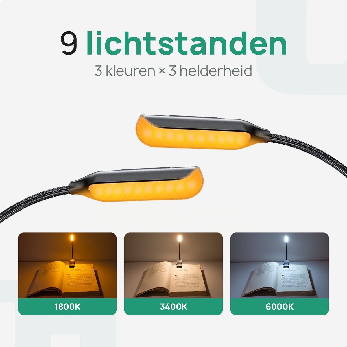 JUALL LED Leeslampje voor Boek - 9 Lichtstanden - Oplaadbaar Leeslampje voor in Bed - Boeklampje - Leeslampje met Klem - Bedlampje - Zwart — cadeau in Gadgets - foto 5