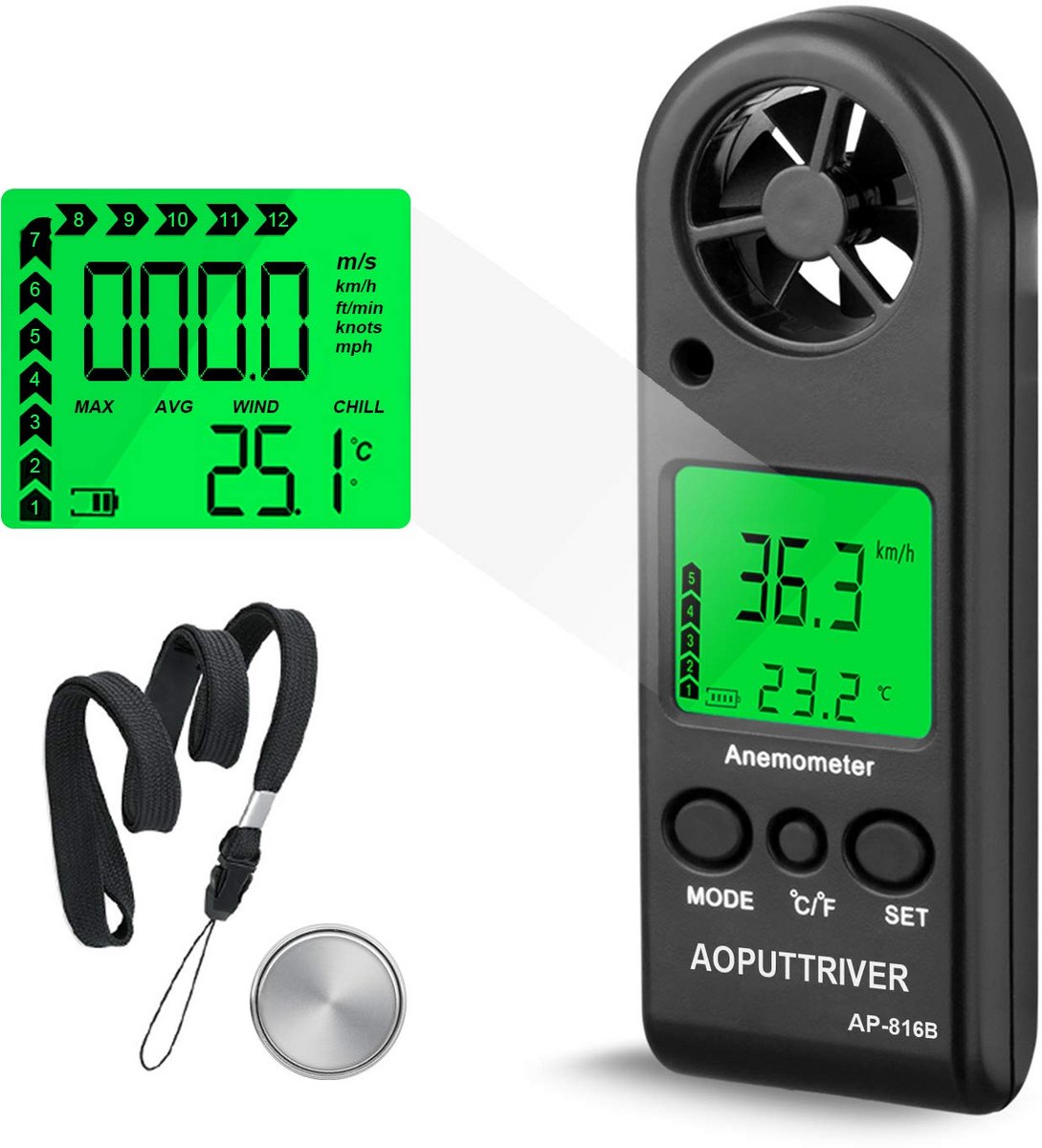 Digitale Windmeter - Luchtstroom Meter - Buitenactiviteiten Meten - Met Backlight Display - Compact Formaat - Zwart