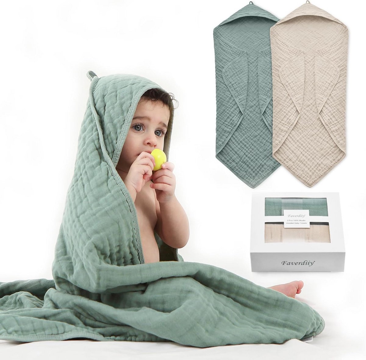 Baby Handdoeken - Met Capuchon - Na het badje - 100% Muslin Katoen - 2 Stuks - Groen Beige