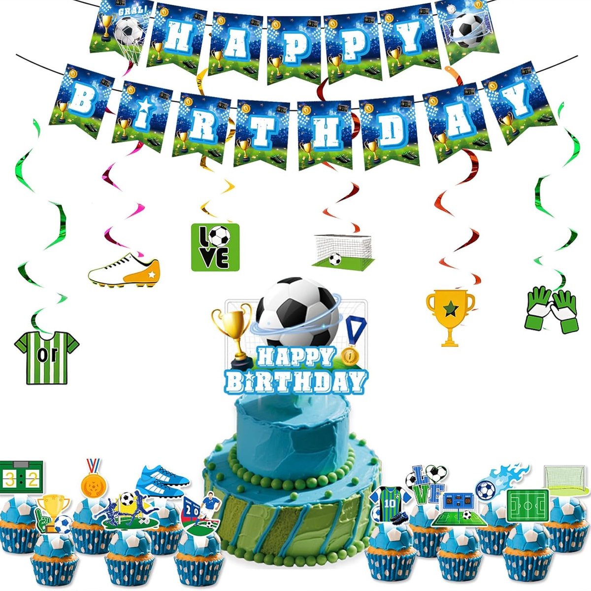WK 2026 Voetbal Verjaardag Decoratie Set – 64 Delig Feestpakket met Banner, Hanging Swirls, Ballonnen, Cake Topper en Cupcake Decoratie – Jongens Feestversiering