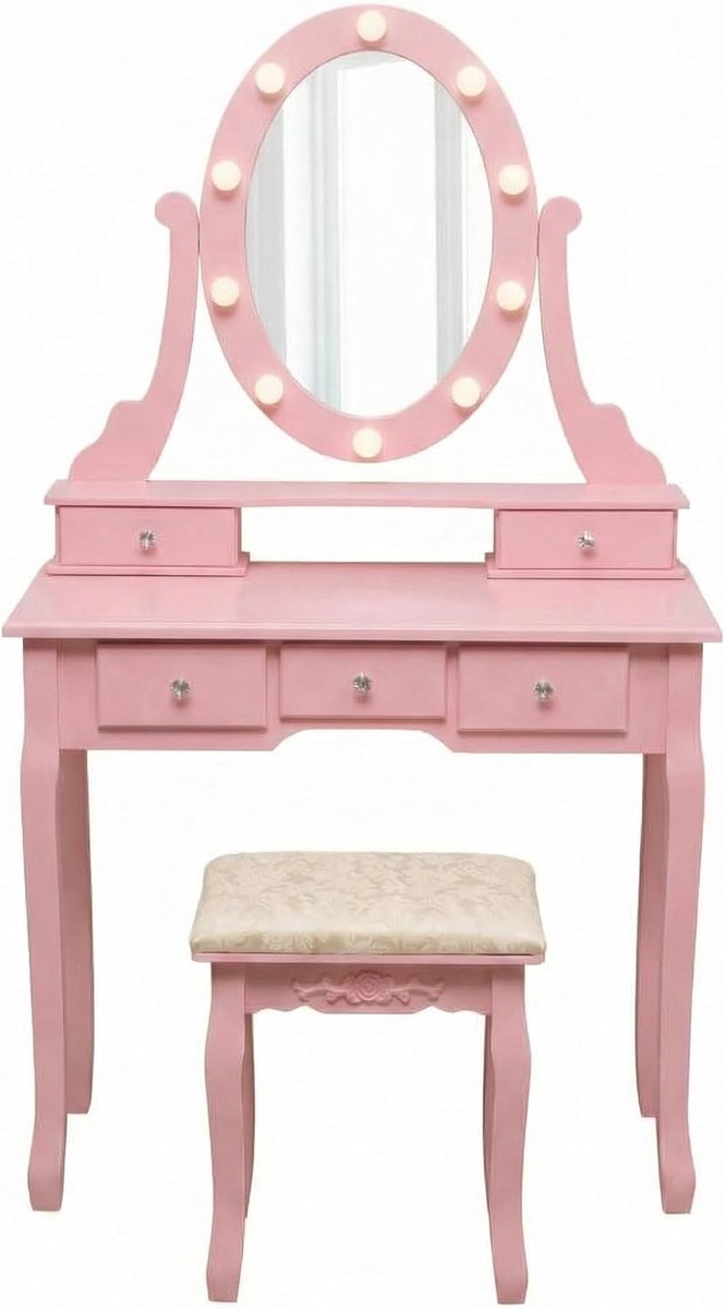 Houten kaptafel - Verlichte ovale spiegel - 5 grote lades - 3 verlichtingsstanden - Inclusief krukje - Kaptafel voor meisjes, roze
