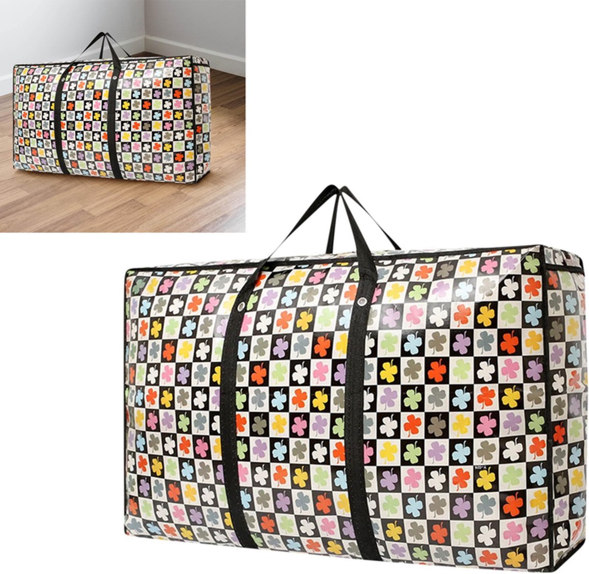 KZQ Opbergtas XL 3 stuks happy color mix 60x45x22 cm met rits big shopper boodschappentas reistas waszak met verschillende opdrukken