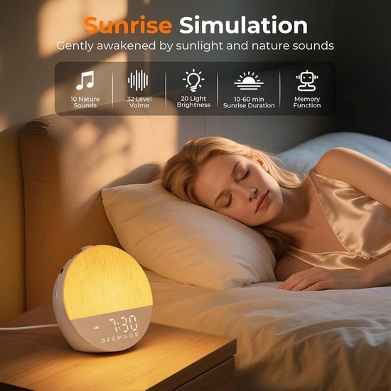 Wekker Zonsopgang - Wake-up light - Rustig Wakker Worden - 30 Natuurgeluiden - 17 Kleuren - Wit — afbeelding 2