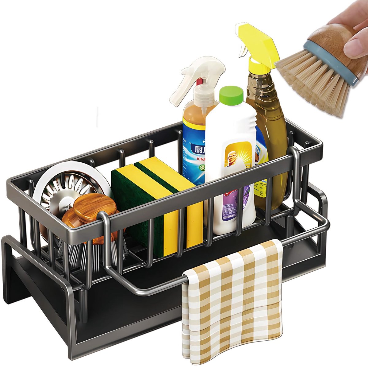 Afdruiprek – Spoelbak Organizer met Doekhouder – Keuken Opbergrek met Afvoerbak voor Spons, Afwasborstel en Wasmiddel – Koolstofstalen Keuken Caddy voor Aanrecht – Mat Zwart