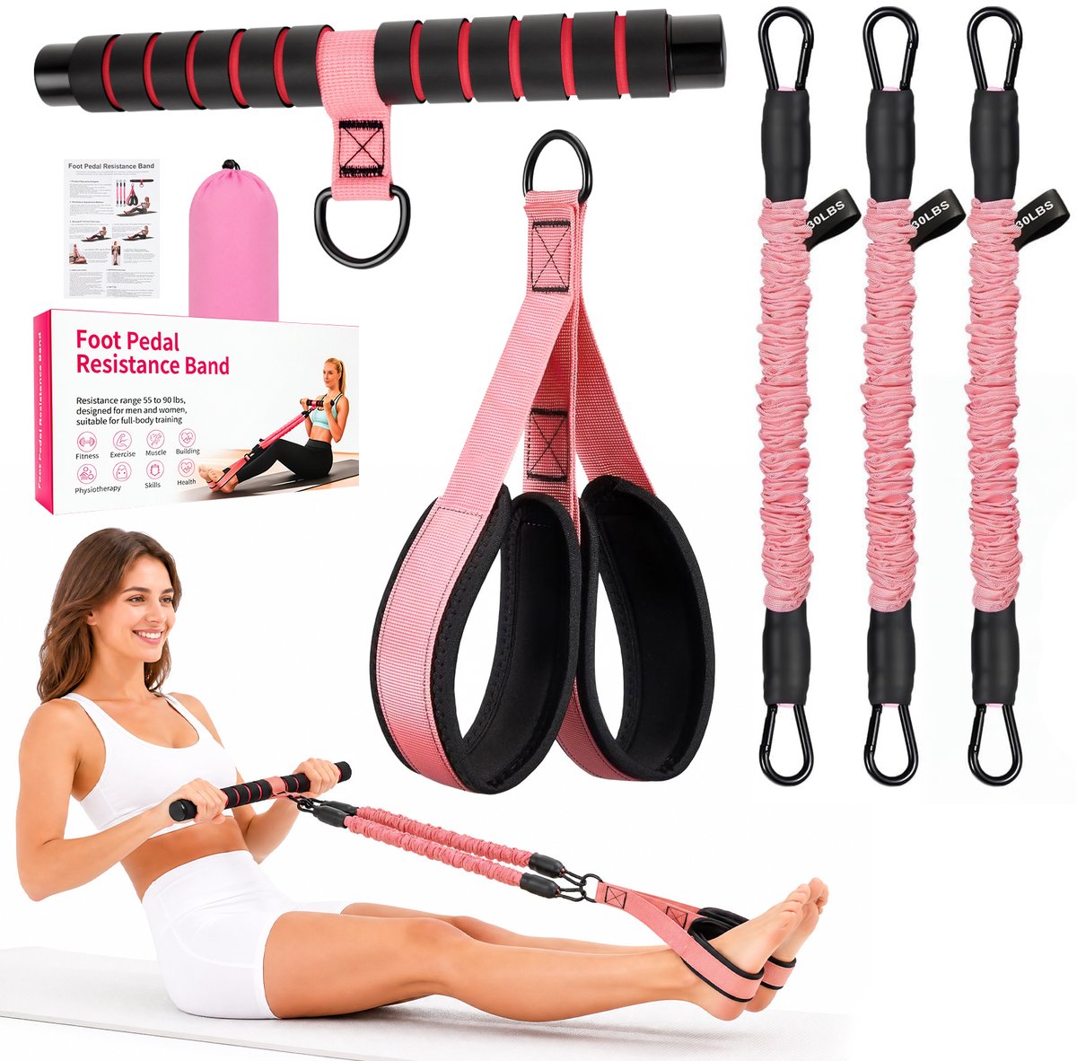 Buiktrainer -Sit-up Trainingsapparaat - Elastisch Trekkoord - Pedaal weerstandsband - Multifunctioneel - Sportuitrusting - Body Sculpture - - Geschikt Voor Fitness, Afvallen, Training - Verstelbare trekbuizen - Roze