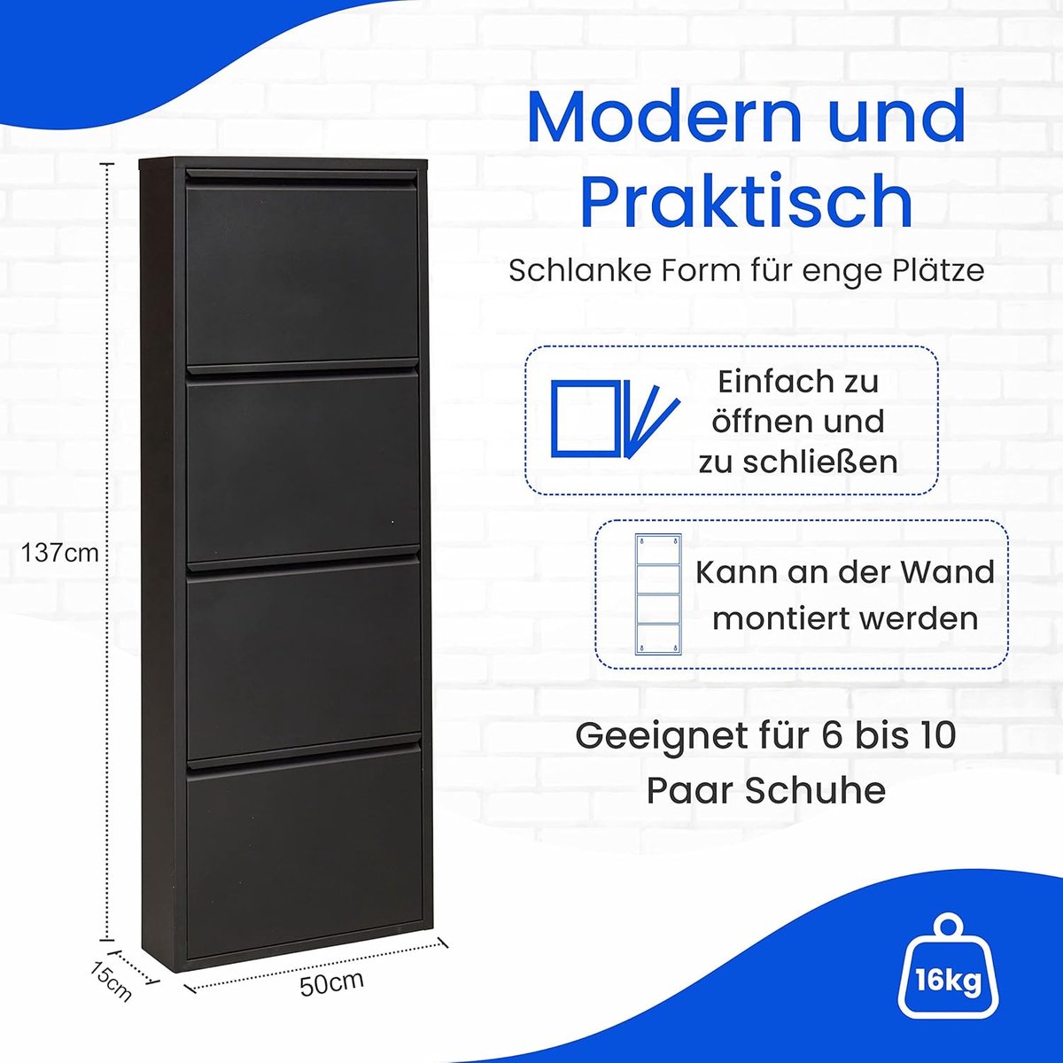 Schoenenkast smal wandmontage – House&Garden metalen schoenenrek zwart met 4 kleppen – ruimtebesparende hoge schoenenkast voor hal, gang en entree – modern industrieel design – 50 x 137 x 15 cm